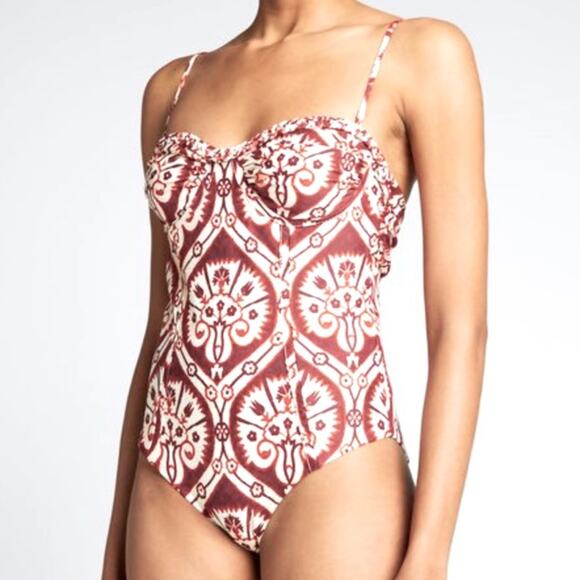 NWT MSRP$$380 Johanna Ortiz L'Amour Gitan Bandeau One-Piece Swimsuit Spice